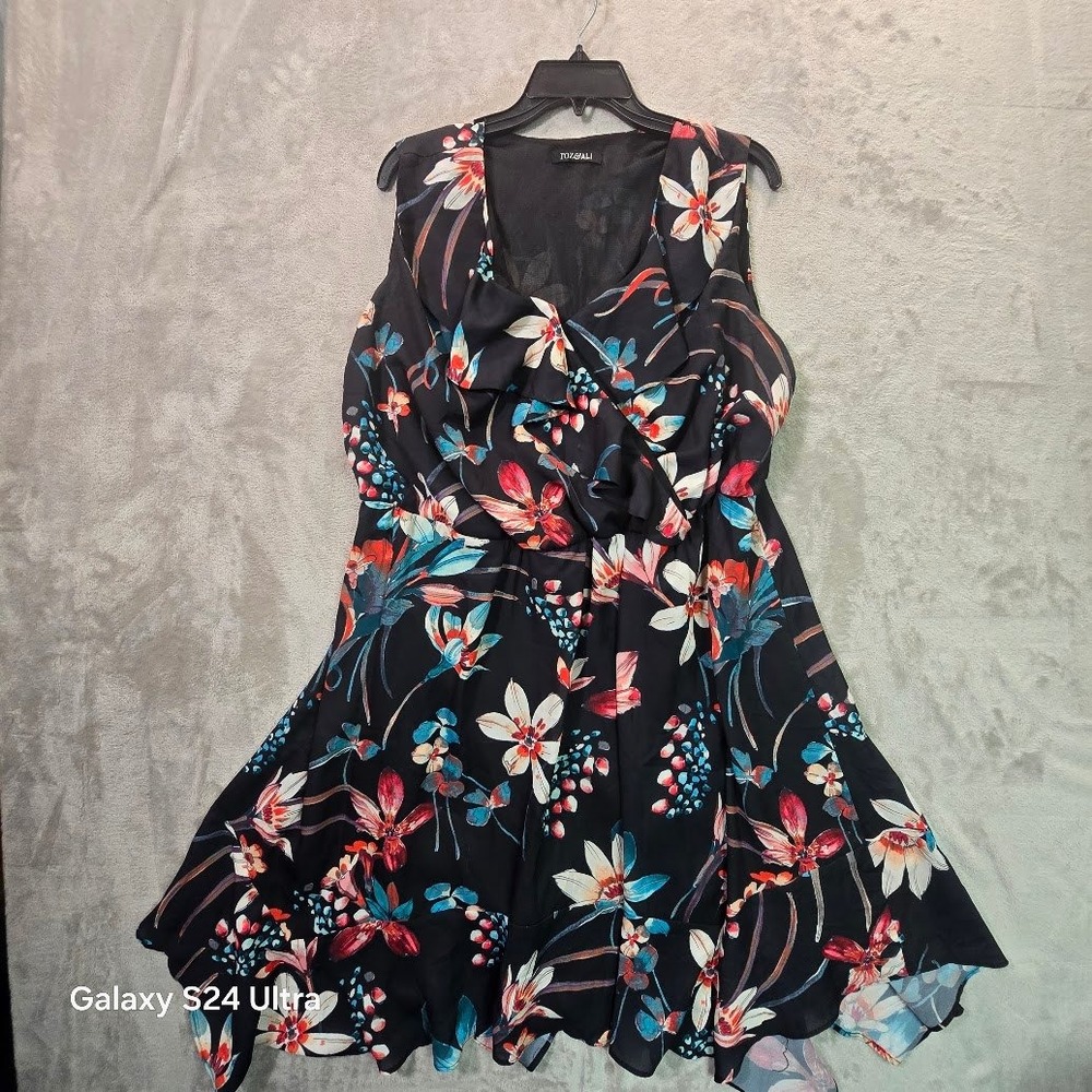Roz & Ali Black Floral Sleeveless Handkerchief Hem Ruffle Dress Plus Size 18